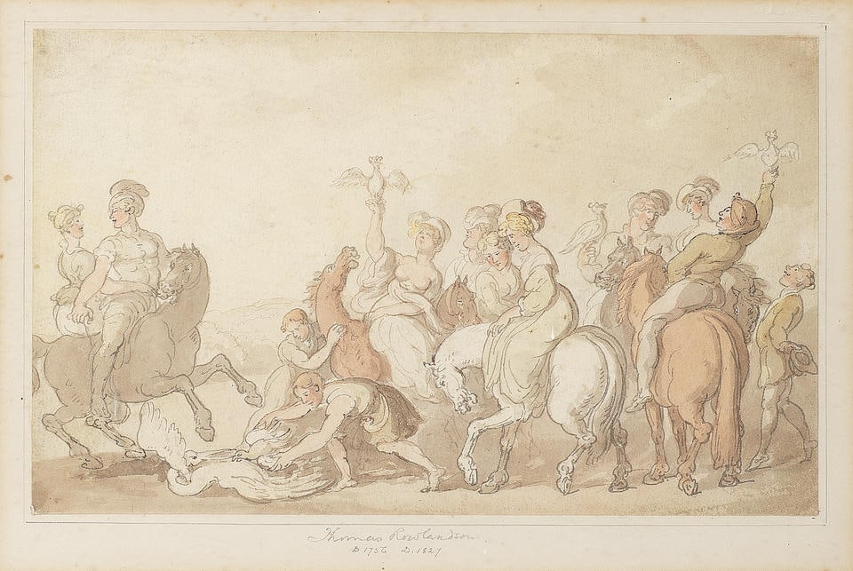 Thomas Rowlandson (London 1756-1827) The hawking party framed: 39.6 x 45.7cm (together with East... (1 of 3)