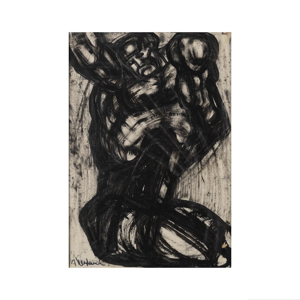 Ernst Neizvestny (Russian, 1926-2016) Nu masculin/ Male nude (signed in Cyrillic (lower right)in...: Ernst Neizvestny (Russian, 1926-2016) Nu masculin/ Male nude signé en cyrillique (en bas à droite) encre sur papier 56 x 39cm (22 1/16 x 15 3/8in). signed in Cyrillic (lower right) ink on pa