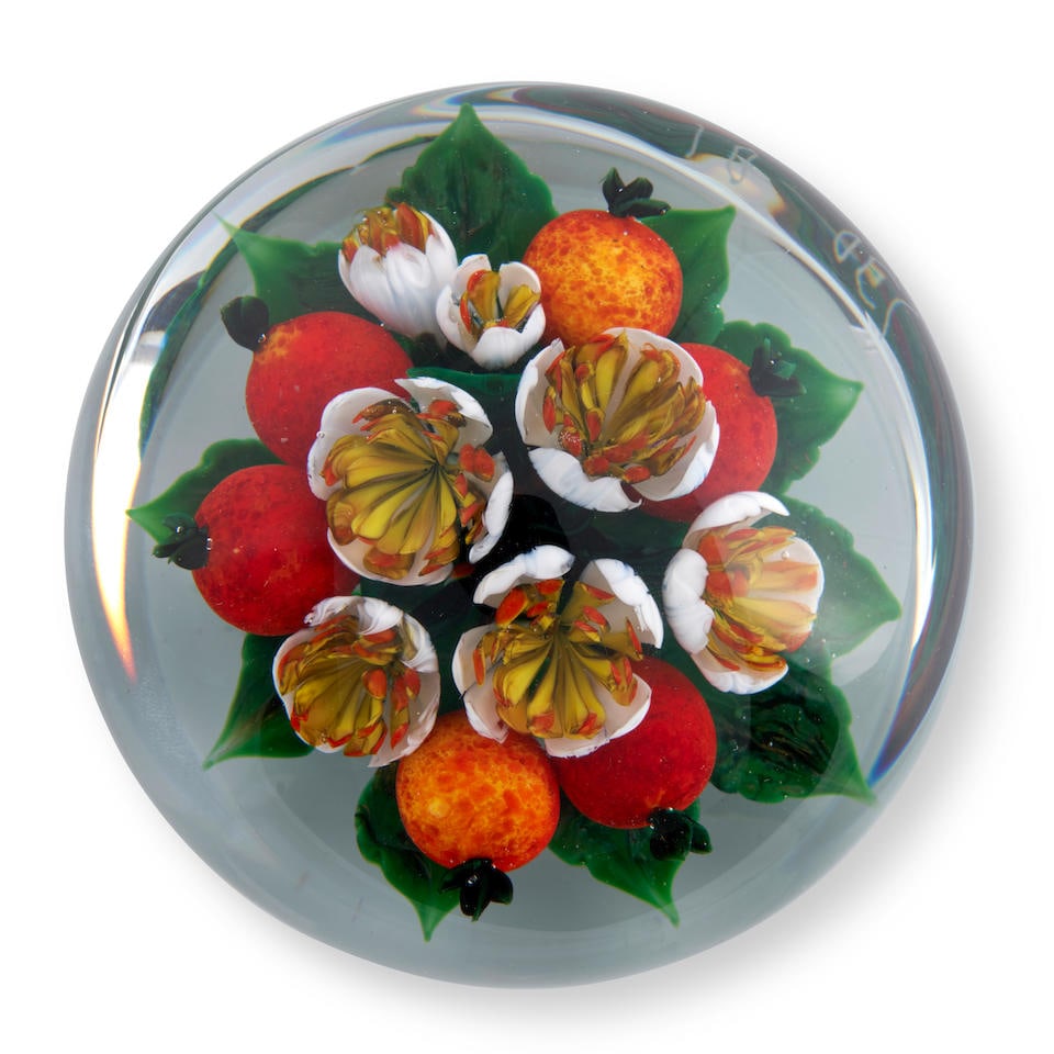 RICK AYOTTE (B. 1944) HAWTHORNE BOUQUET GLASS PAPERWEIGHT New Hampshire, dated 1989, edition of ...: RICK AYOTTE (B. 1944) HAWTHORNE BOUQUET GLASS PAPERWEIGHT New Hampshire, dated 1989, edition of 50, incised mark 'Ayotte ed/50 '89,' ht. 2, dia. 3 1/2 in. Footnotes: OVERALL CONDITION: Very good. This