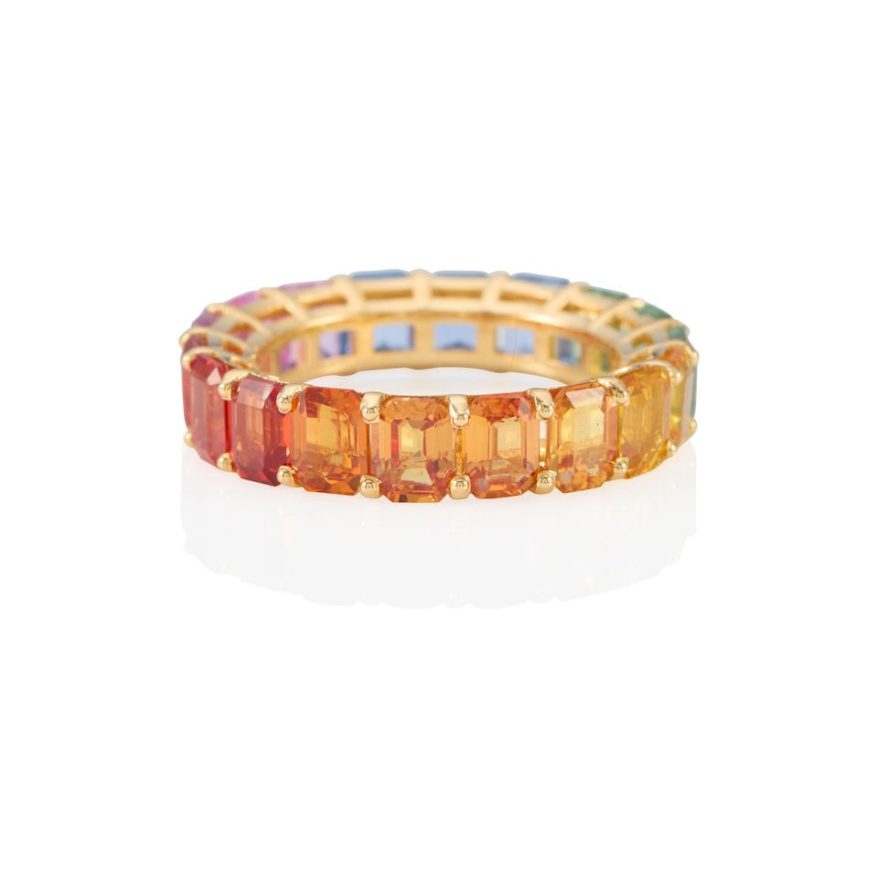 18K GOLD AND MULTICOLOR SAPPHIRE ETERNITY BAND RING (1 of 3)