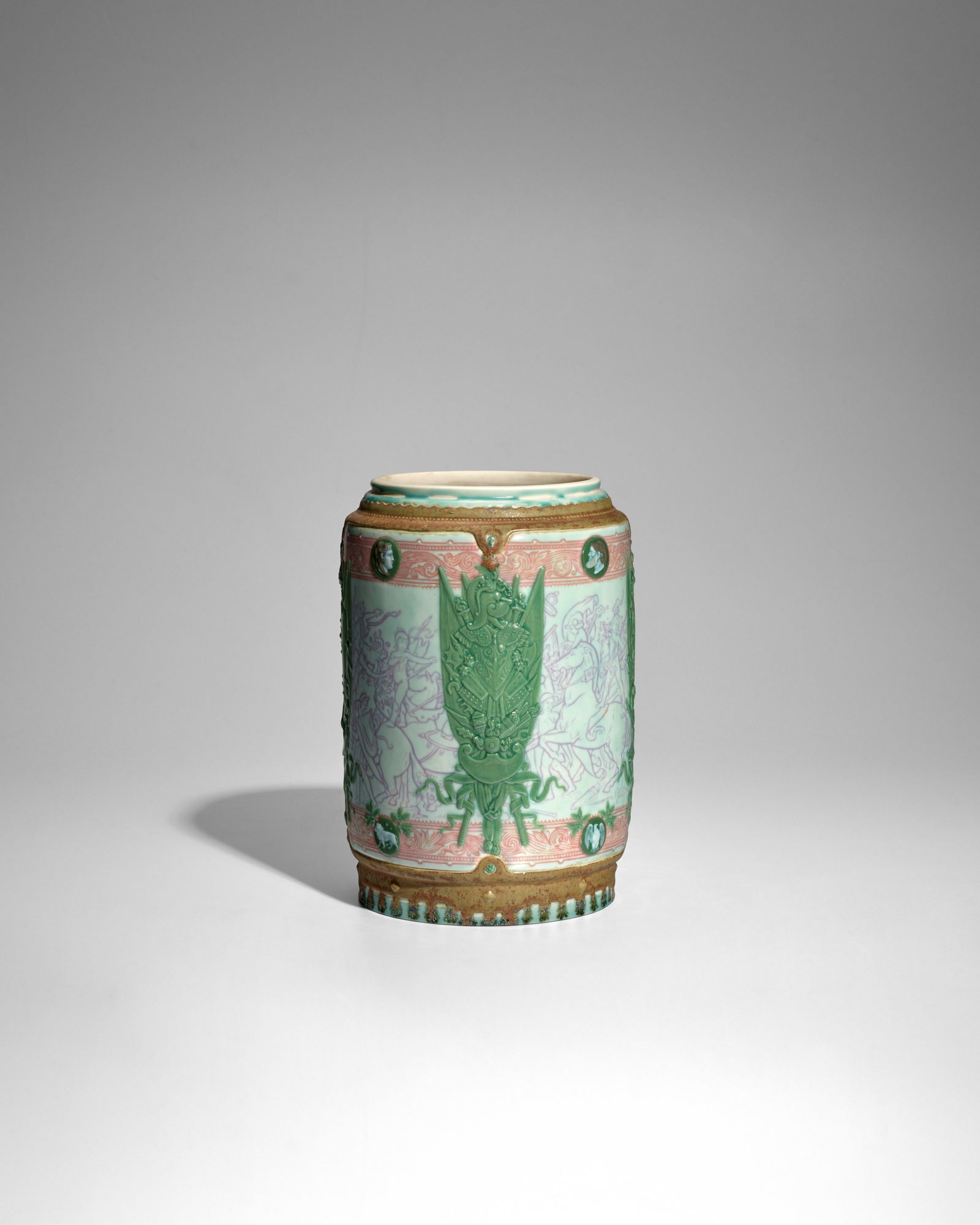 TAXILE DOAT (1851-1938) Vase 1907 pâte-sur-pâte porcelain, overglaze 'DOAT SÈVRES...: TAXILE DOAT (1851-1938) Vase 1907 pâte-sur-pâte porcelain, overglaze 'DOAT SÈVRES 1907' in red, 'U.C 19 14' in green height 10 3/4in (27cm); diameter 7in (18cm) Footnotes: Provenance L