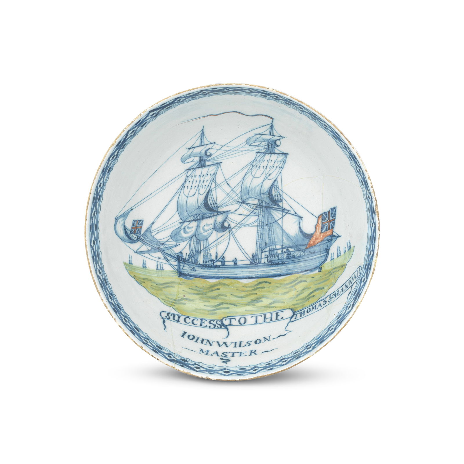 A Liverpool delftware ship bowl, circa 1770: A Liverpool delftware ship bowl, circa 1770 Perhaps painted by William Jackson, the interior painted in blue with a brig in full sail, the flags and pennant picked out in red, the sea heightened in gr