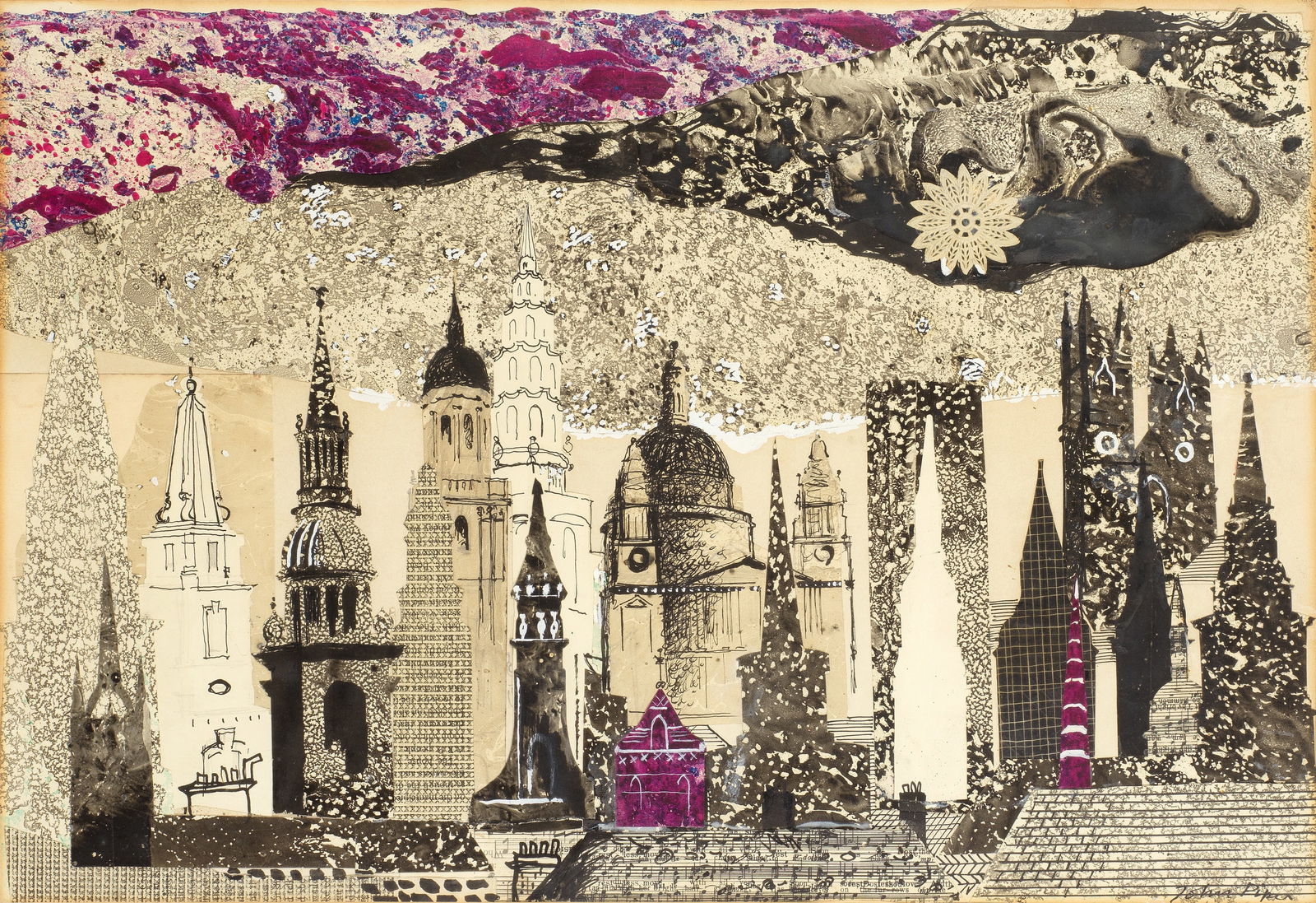 John Piper C.H. (British, 1903-1992) London Skyline: John Piper C.H. (British, 1903-1992) London Skyline signed 'John Piper' (lower right) ink, pen and ink, gouache, pencil and collage on paper 36 x 52.75cm (14 3/16 x 20 3/4in). This lot is subject to t