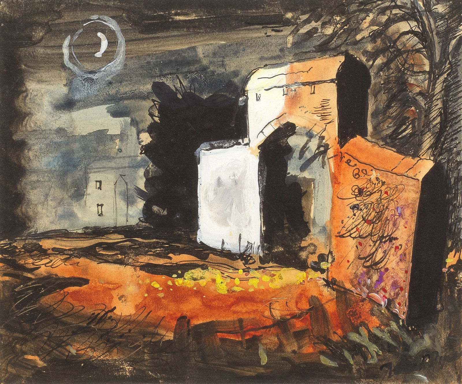 John Piper C.H. (British, 1903-1992) Entrance at Midnight: John Piper C.H. (British, 1903-1992) Entrance at Midnight signed 'John Piper' (lower right) watercolour, gouache, pen and ink and ink on paper 12.75 x 15.5cm (5 x 6 1/8in). Footnotes: Pro