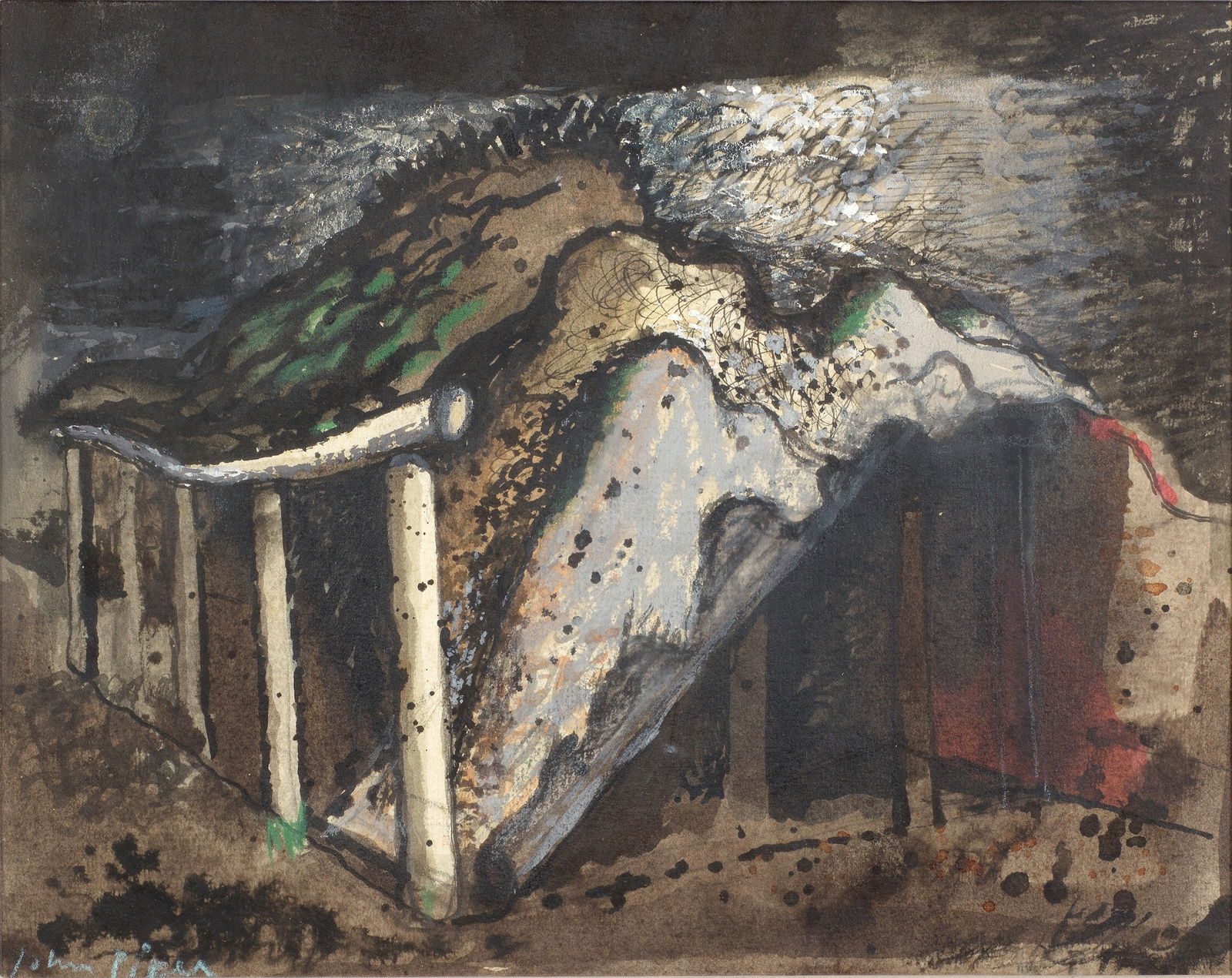 John Piper C.H. (British, 1903-1992) Derelict Barn, Lewknor: John Piper C.H. (British, 1903-1992) Derelict Barn, Lewknor signed 'John Piper' (lower left), titled 'Derelict Barn, Lewknor' (lower right) gouache, watercolour, ink, pen and ink and crayon on paper 1