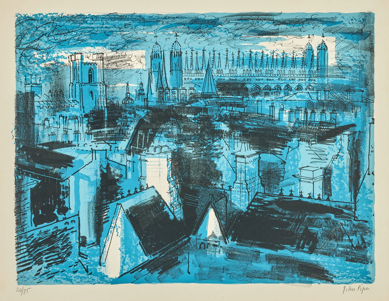 John Piper C.H. (British, 1903-1992) King's College Cambridge, View from Trinity Lithograph in c...: John Piper C.H. (British, 1903-1992) King's College Cambridge, View from Trinity (Levinson 86) Lithograph in colours, 1953, on wove paper, signed and numbered 20/75 in pencil, printed by the Harley Br