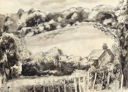Michael Ayrton (British, 1921-1975) Windy Day: Michael Ayrton (British, 1921-1975) Windy Day signed, titled, dated and inscribed 'windy day./michael ayrton/Wooded Hill nr Bridge. Kent. 16.7.1945' (lower right) pen and ink, ink, pencil and wash on