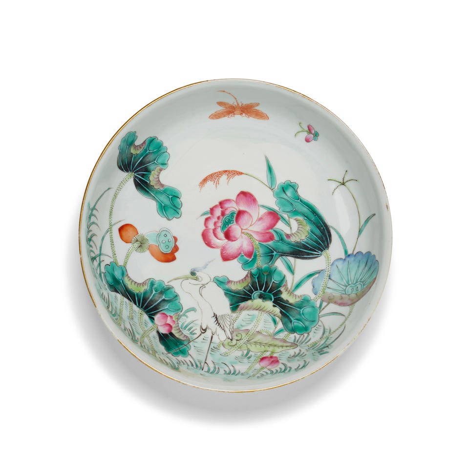 A FAMILLE-ROSE 'LOTUS AND EGRET' DISH Tongzhi mark and of the period