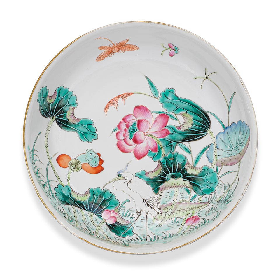 A FAMILLE-ROSE 'LOTUS AND EGRET' DISH Tongzhi mark and of the period