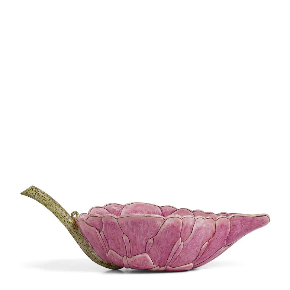 AN INSCRIBED FAMILLE-ROSE LOTUS-FORM CUP Guangxu period, dated 34th year, corresponding to 1908