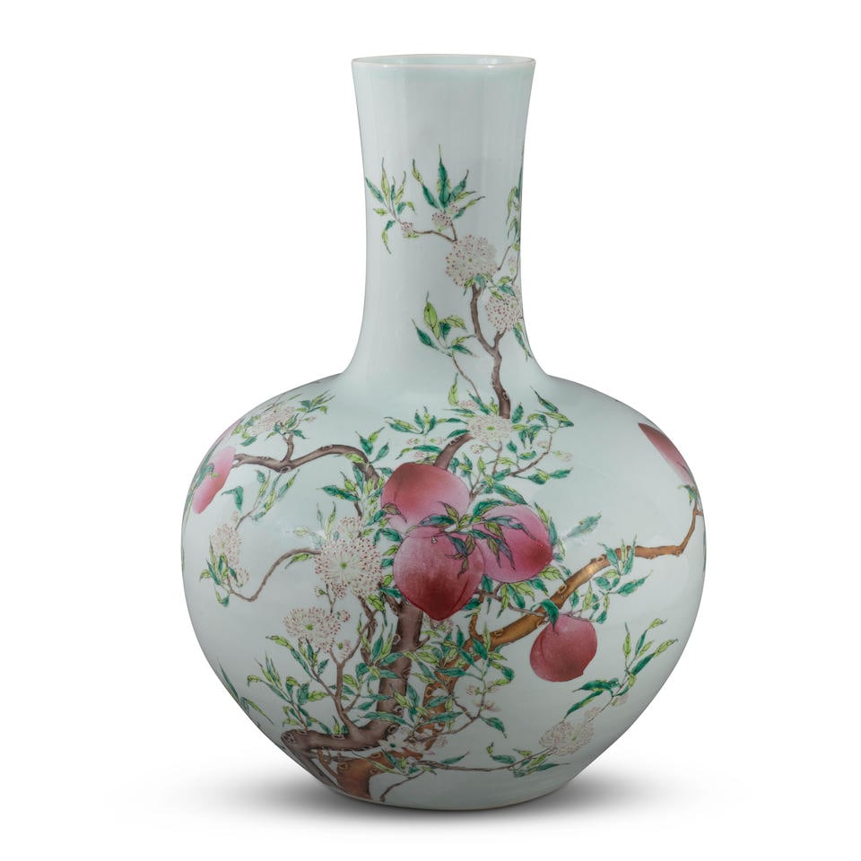 A FAMILLE-ROSE 'NINE PEACH' VASE, TIANQIUPING Tongzhi mark, Late Qing dynasty/early Republic period
