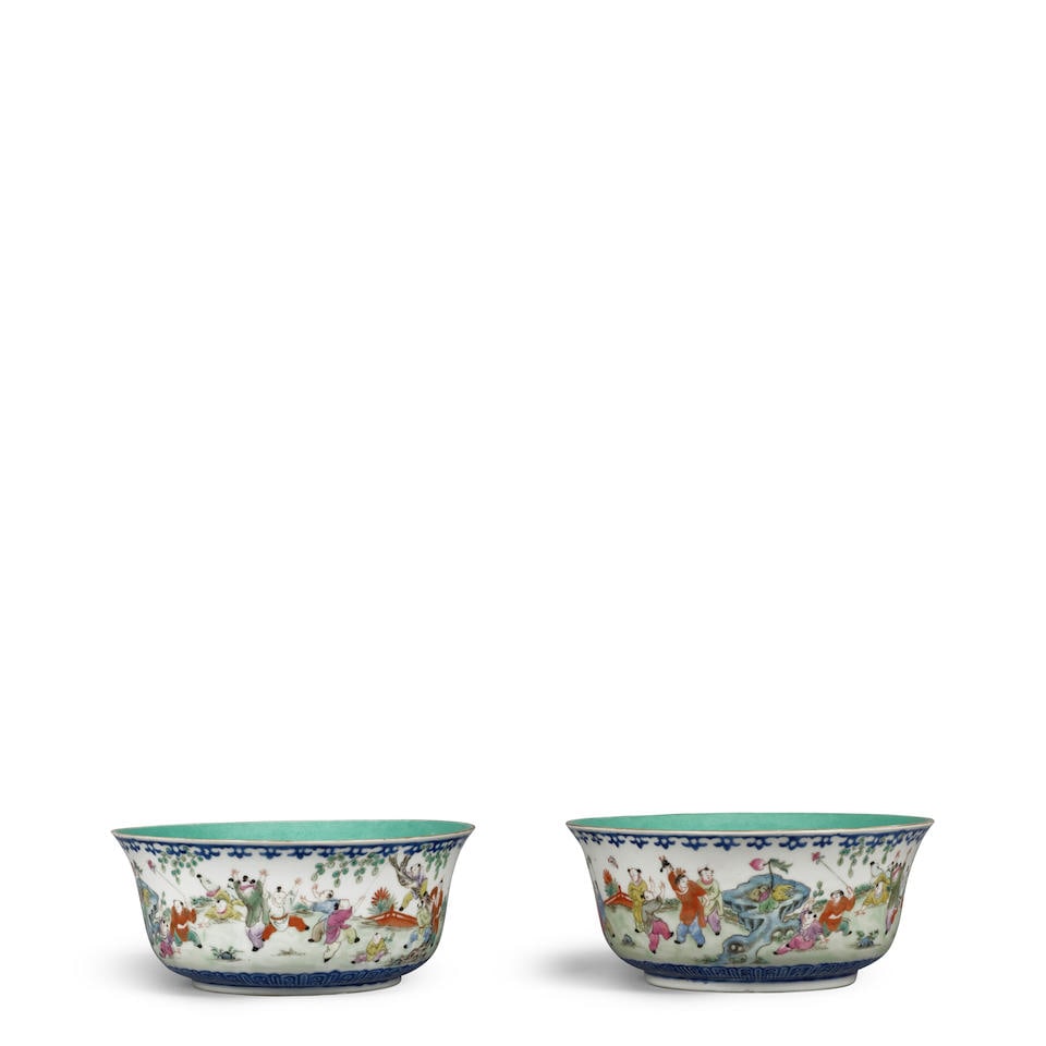 A PAIR OF FAMILLE ROSE 'ONE HUNDRED BOYS' BOWLS Jiaqing seal marks, Republic period (2)
