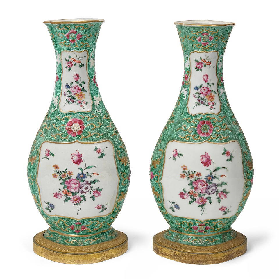 A PAIR OF ORMOLU-MOUNTED FLOWER-PANELED LOBED AND FLATTENED PEAR-SHAPED VASES Qianlong period (2)