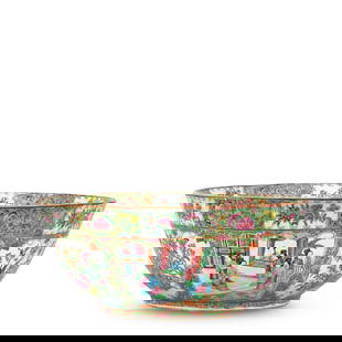 A LARGE CANTON FAMILLE-ROSE MEDALLION PUNCH BOWL 19th century: A LARGE CANTON FAMILLE-ROSE MEDALLION PUNCH BOWL 19th century 15in (38cm) diam Footnotes: 十九世紀 廣彩人物圖大碗 Lot to be sold