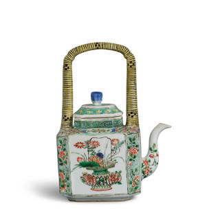 A FAMILLE-VERTE FACETED 'FLORAL' TEAPOT AND COVER Kangxi period: A FAMILLE-VERTE FACETED 'FLORAL' TEAPOT AND COVER Kangxi period 7in (17.8cm) high Footnotes: 清康熙