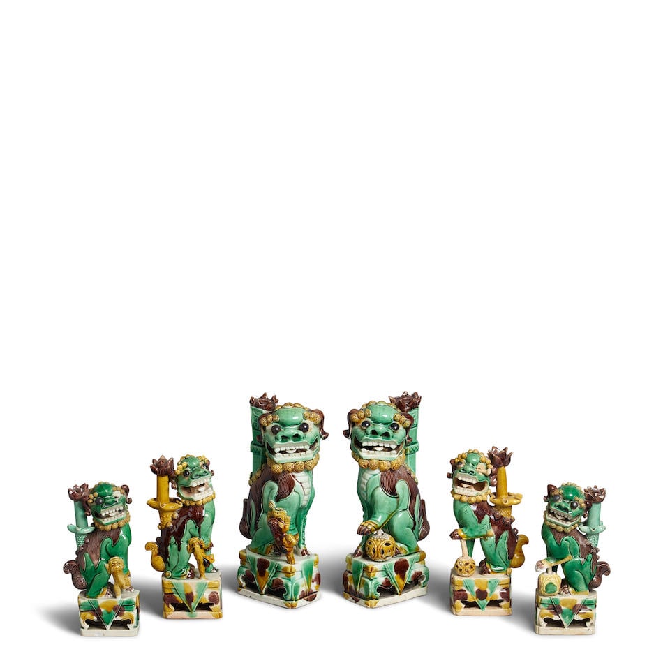SIX SANCAI-GLAZED 'BUDDHIST LION' JOSS STICK HOLDERS Kangxi period (6)