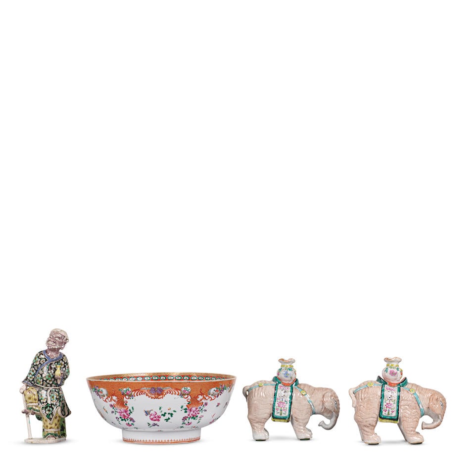 FOUR ENAMELED PORCELAIN ARTICLES Elephants: Late Qianlong period - 19th century;Bowl: Qianlong p...