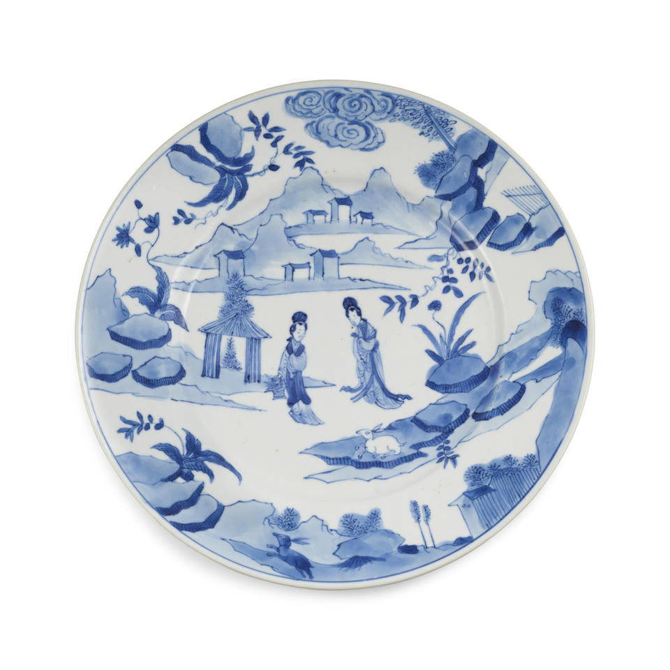 A BLUE AND WHITE 'LADIES' DISH Kangxi mark and of the period