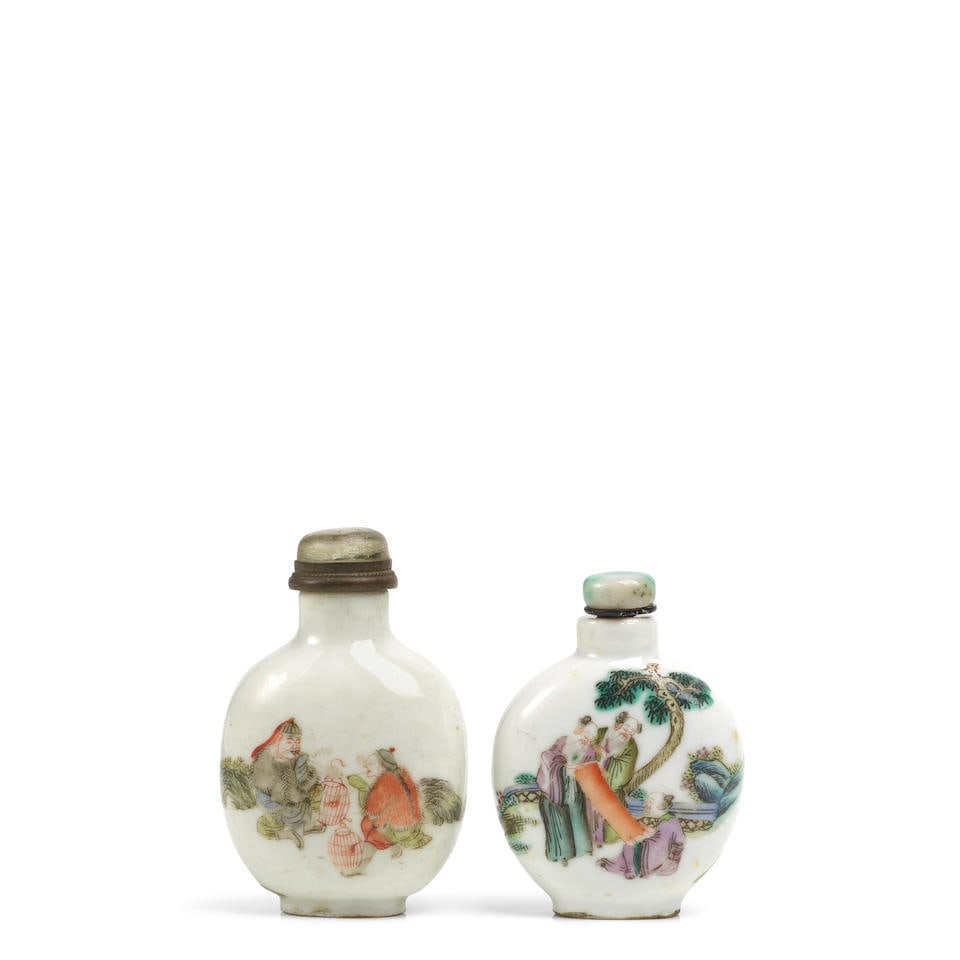 TWO ENAMELED PORCELAIN 'FIGURAL' SNUFF BOTTLES Daoguang seal marks and of the period, 1821-1850 ...