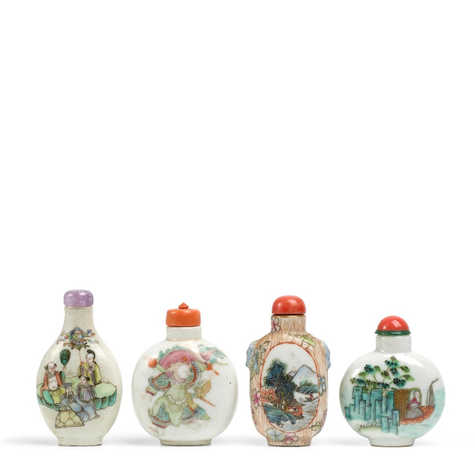 FOUR FAMILLE-ROSE-ENAMELED PORCELAIN SNUFF BOTTLES 19th century (4, each with stopper)