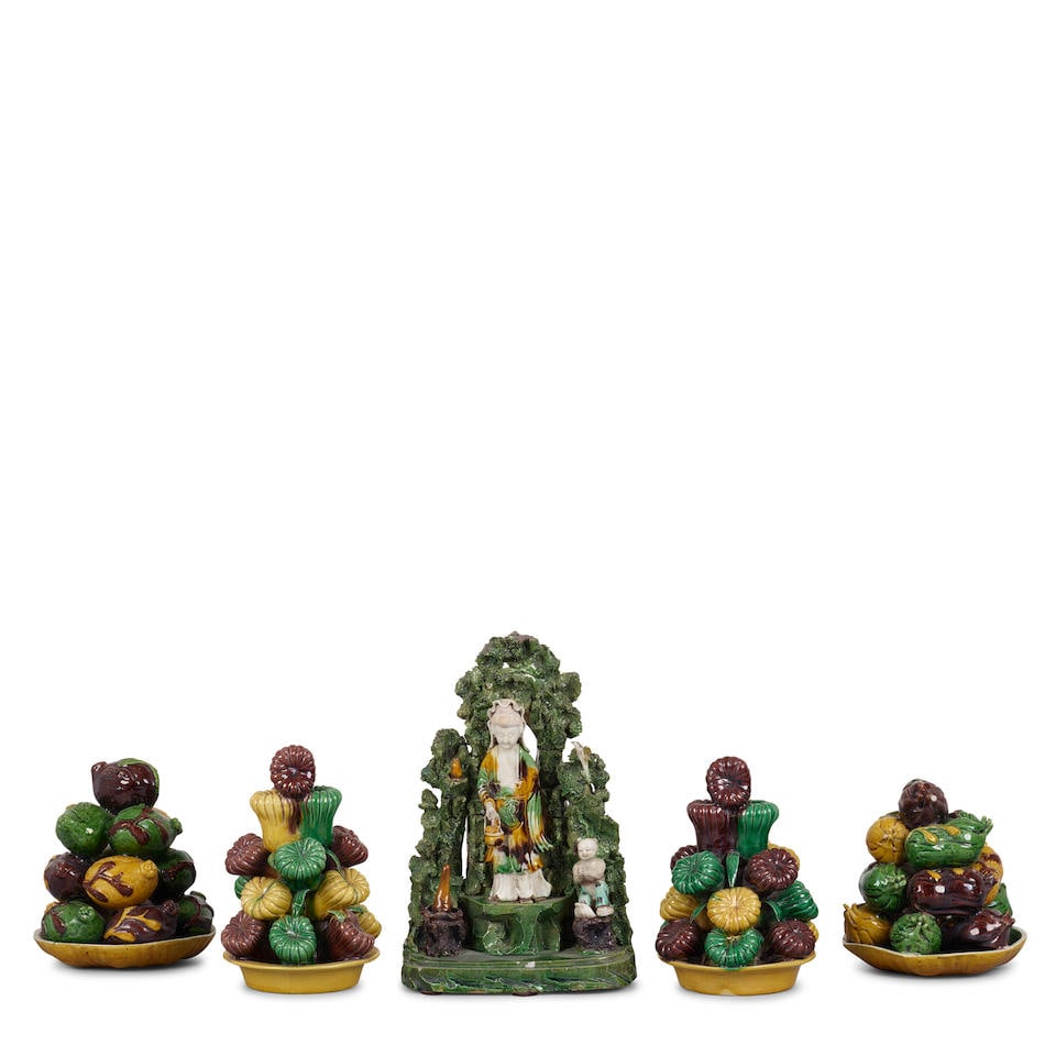 FIVE SANCAI-GLAZED BISCUIT OBJECTS Kangxi period (5)