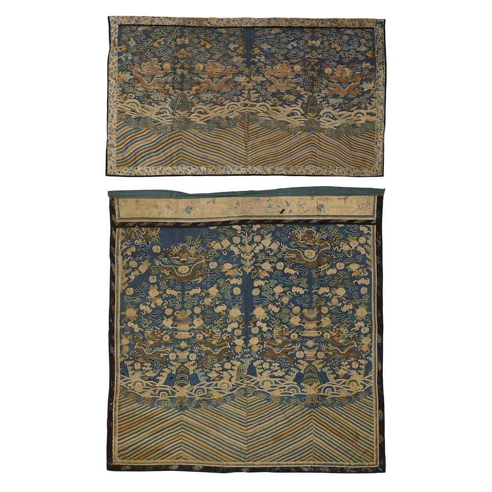 TWO BLUE-GROUND SILK KESI 'DRAGON' PANELS CONVERTED FROM DRAGON ROBE  18th/early 19th century (2) (1 of 2)