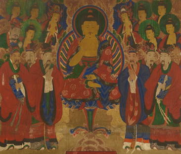 ANONYMOUS (KOREAN, 19TH CENTURY) Buddhist Assembly: ANONYMOUS (KOREAN, 19TH CENTURY) Buddhist Assembly Ink, colors, gilt, and mineral pigments on cloth; framed and glazed. 46 1/4 x 54 1/4in (117.5 x 137.8cm) sight Footnotes: 佚名（