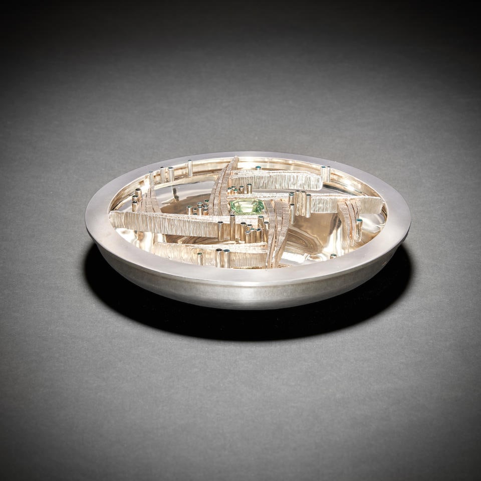 Gerald Benney A rare silver and gem set centrepiece / rosebowl London 1967, underside also sta...: Gerald Benney A rare silver and gem set centrepiece / rosebowl London 1967, underside also stamped GERALD BENNEY LONDON Open-work centre with eight graduated tapering curved sections joining to form