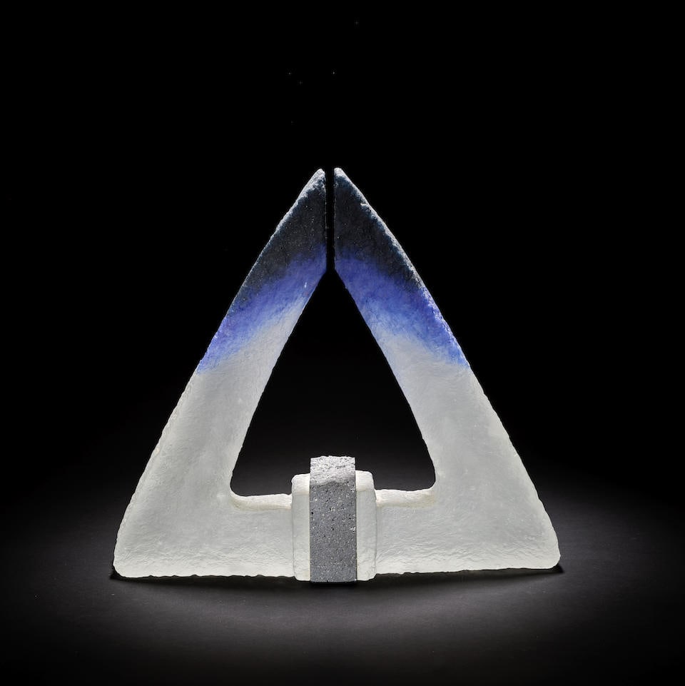 Colin Reid 'R470', sculpture, 1992: Colin Reid 'R470', sculpture, 1992 Kiln cast glass, of triangular form, centre by a concrete plinth, 44 cm high, 49 cm wide, 11cm deep Signed, dated, and titled Colin Reid 1992 R470 Footnotes: Provena