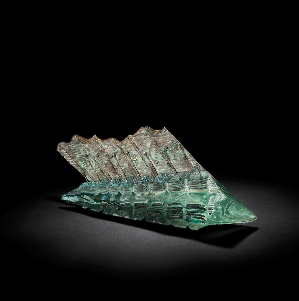 Keith Cummings 'Flagship', sculpture, 1991: Keith Cummings 'Flagship', sculpture, 1991 Kiln formed glass, copper-patinated and polished, with metal inclusions from the casting. Mounted with copper-patinated bronze sail/fin and twisted metal rop