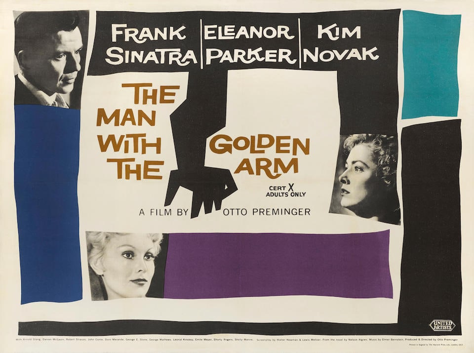 The Man with the Golden Arm, United Artists, 1955,: The Man with the Golden Arm, United Artists, 1955, British quad poster, linen backed, artwork by Saul Bass, 30in x 40in (76cm x 102cm) For further information on this lot please visit Bonhams.com For
