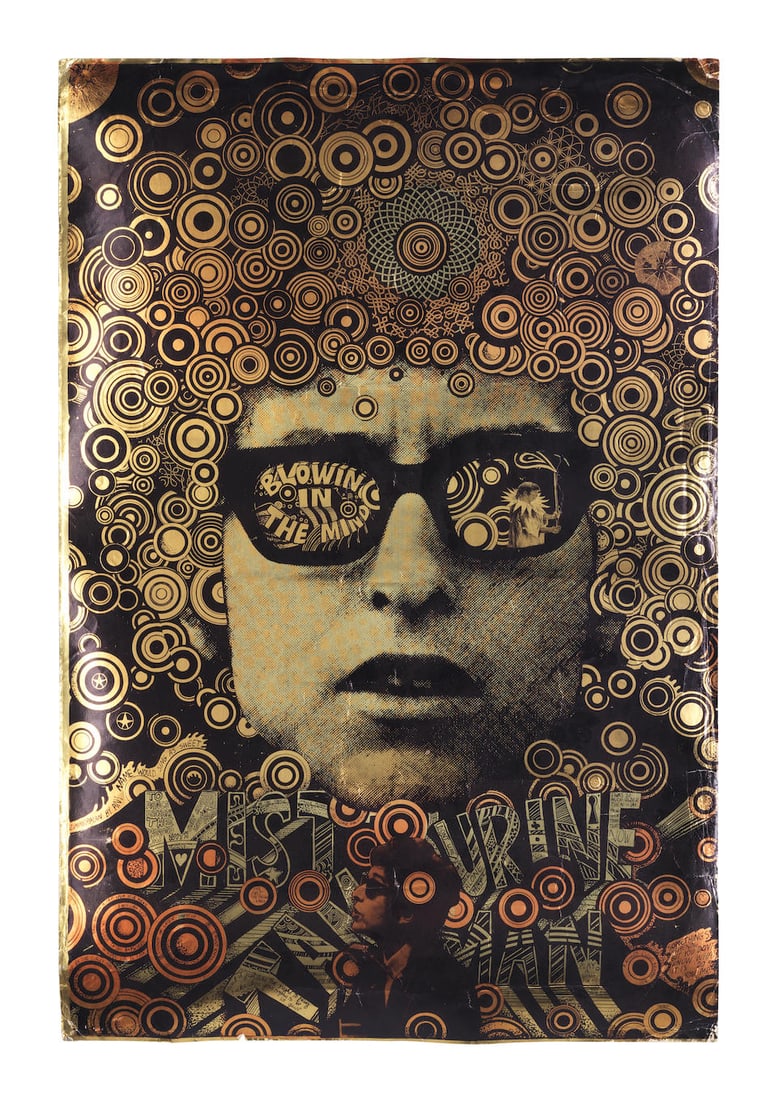 Bob Dylan: A Mister Tambourine Man Psychedelic Poster, 1967,: Bob Dylan: A Mister Tambourine Man Psychedelic Poster, 1967, featuring the now-iconic imagery by artist Martin Sharp, printed on foil card stock, 30in x 20in (76cm x 51cm) Footnotes: This poster was d