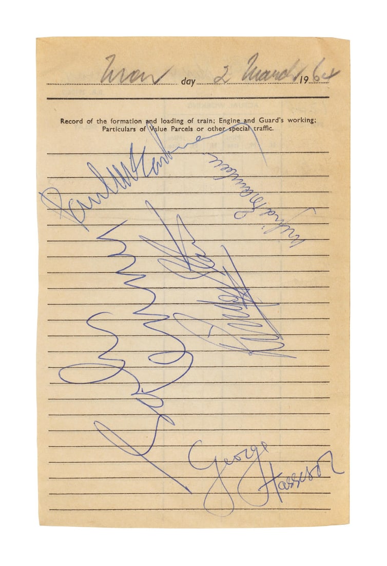 The Beatles: A Set Of Autographs, 1964,: The Beatles: A Set Of Autographs, 1964, in blue ballpoint on a British Rail train report sheet, Paul McCartney, John Lennon, George Harrison and Ringo Starr, additionally signed by actor Wilfrid Bramb