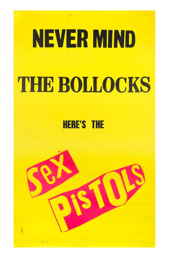 Sex Pistols: A Never Mind The Bollocks promotional poster, 1977,: Sex Pistols: A Never Mind The Bollocks promotional poster, 1977, Virgin Records, printed on paper, fluorescent yellow ground, featuring Jamie Reid artwork, signed by Julien Temple on the reverse in bl