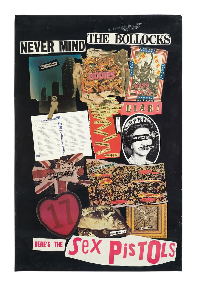 Sex Pistols: A promotional poster for the album Never Mind the Bollocks, 1977,: Sex Pistols: A promotional poster for the album Never Mind the Bollocks, 1977, Virgin Records, printed on paper, poster advertising the Sex Pistols' only studio album, designed by Jamie Reid in his di