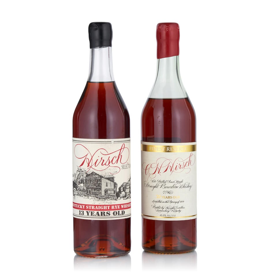 A.H. Hirsch Red Wax 20 Years Old, 1974 (1 bottle, 750ml)Hirsch Selection 13 Years Old (1 bottle,...: A.H. Hirsch Red Wax 20 Years Old, 1974 (1 bottle, 750ml) Region: Kentucky Capsule: red wax Alcohol content: 45.8% Notes: official bottling, distilled spring 1974 Hirsch Selection 13 Years Old (1 bottl