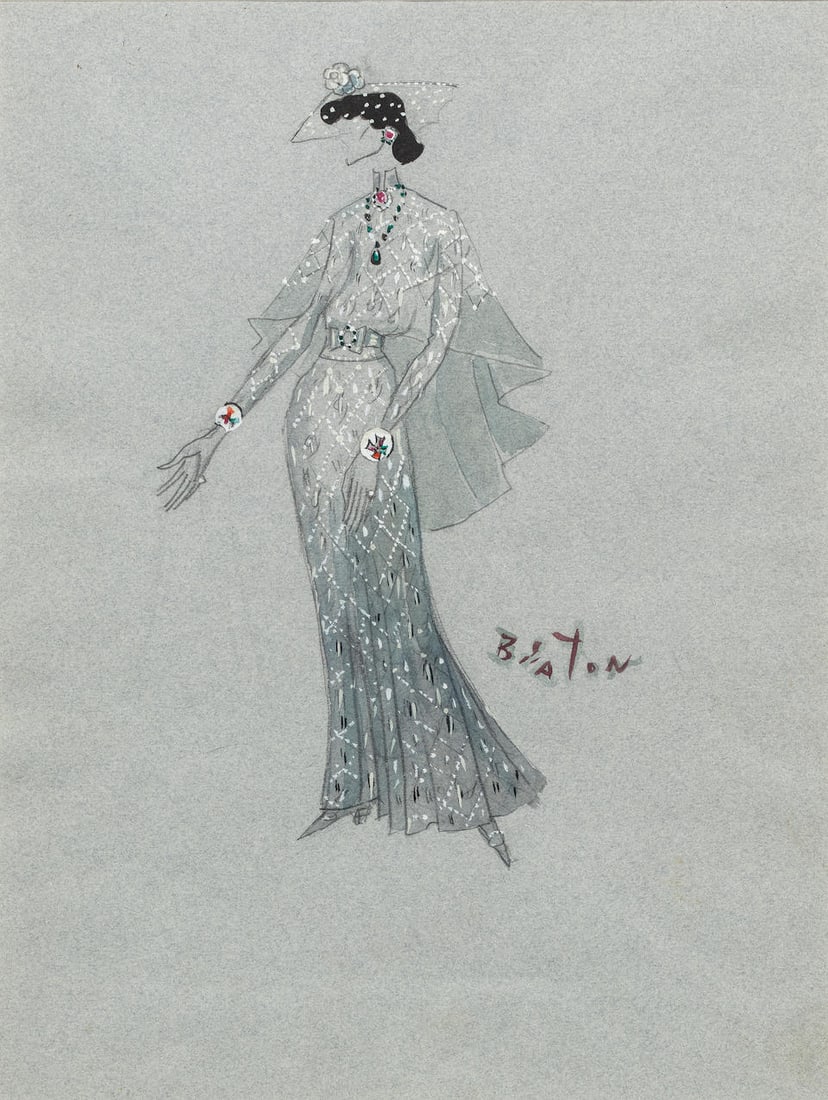 Cecil Beaton (British, 1904-1980) A costume design for Katharine Hepburn as the titular role in ...: Cecil Beaton (British, 1904-1980) A costume design for Katharine Hepburn as the titular role in Coco, Mark Hellinger Theatre, New York, 1969 signed 'BEATON' (centre-right) watercolour, gouache and pen