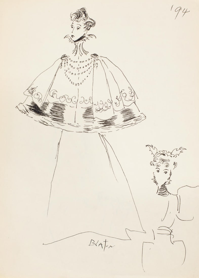 Cecil Beaton (British, 1904-1980) A costume design for the Ballroom Scene in Lady Windermere's F...: Cecil Beaton (British, 1904-1980) A costume design for the Ballroom Scene in Lady Windermere's Fan, 1945-46 signed 'BEATON' (lower-centre), with another sketch and extensive artist's annotations verso