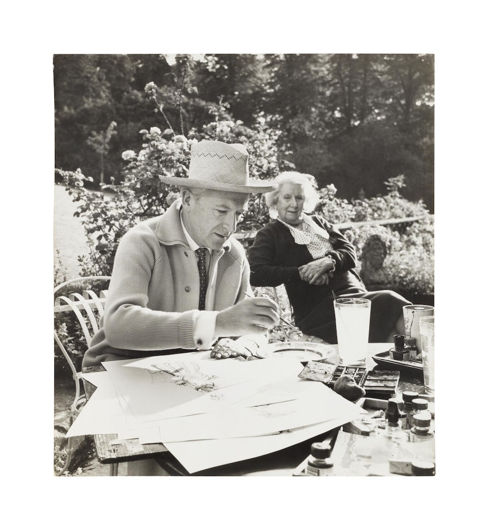 Geoffrey Sawyer (British, 1933-2022); Cecil Beaton at Reddish House; (9): Geoffrey Sawyer (British, 1933-2022) Cecil Beaton at Reddish House, circa 1965 Four of Beaton painting in the garden at Reddish House, with his mother, Etty, looking on, two with photographer's ink-st