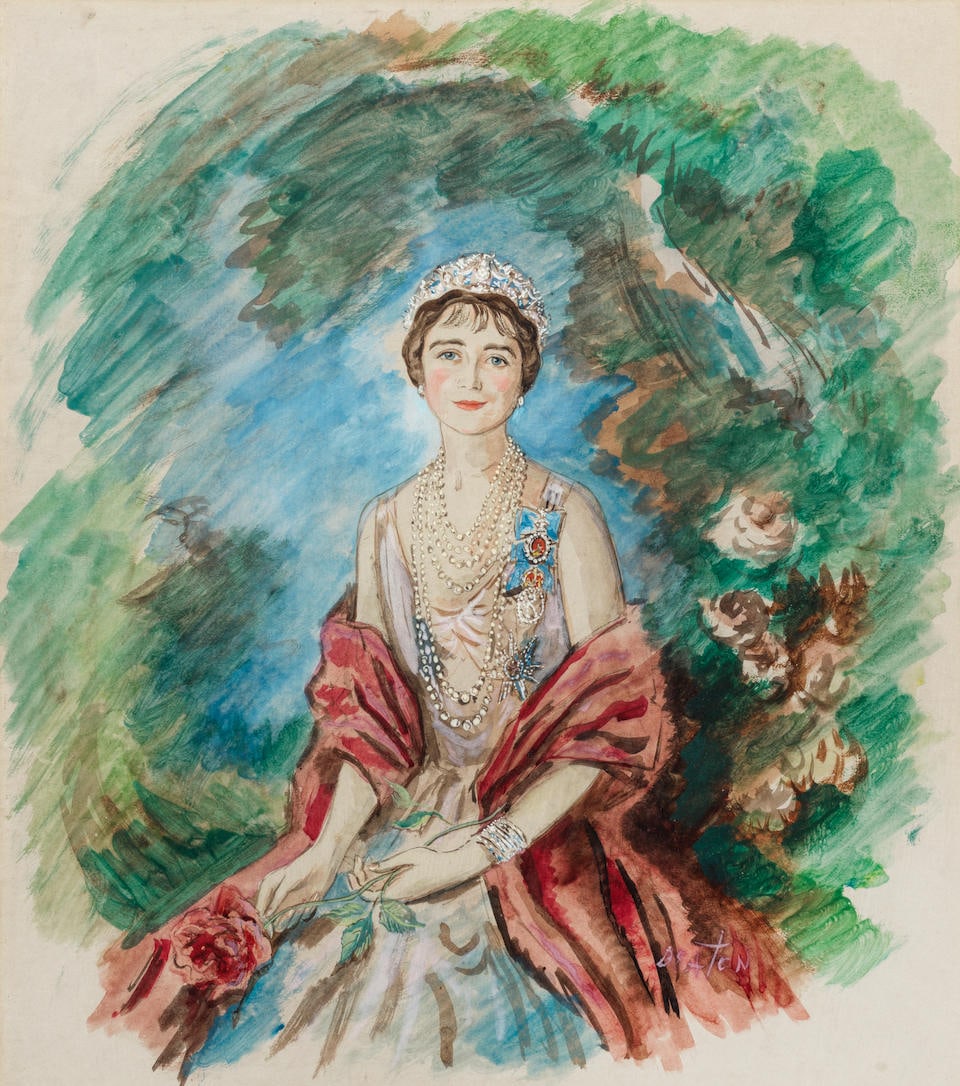 Cecil Beaton (British, 1904-1980) Her Majesty Queen Elizabeth (later the Queen Mother), 1937: Cecil Beaton (British, 1904-1980) Her Majesty Queen Elizabeth (later the Queen Mother), 1937 signed 'BEATON' (lower right) watercolour, gouache and pencil 50.25 x 44.25cm (19 13/16 x 17 7/16in). Footn