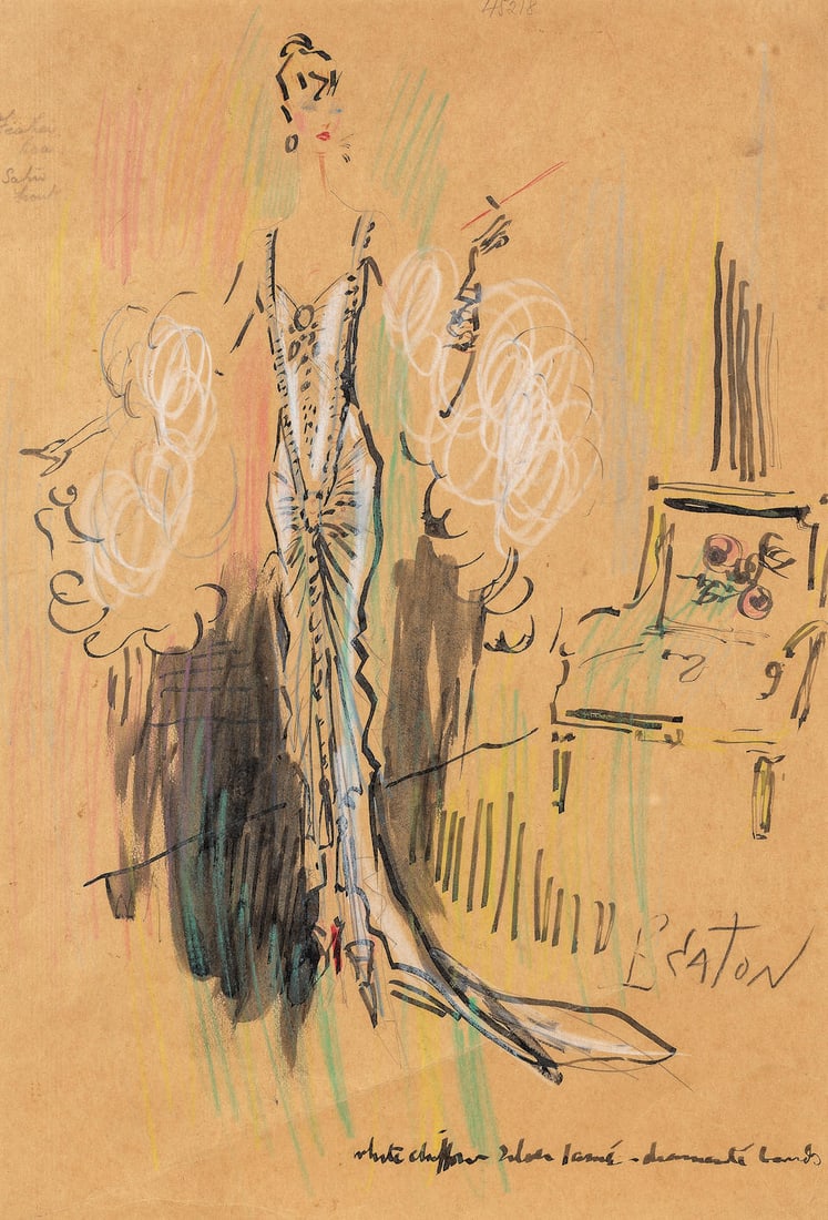 Cecil Beaton (British, 1904-1980) A costume design for Dorothy Dickson as 'Lady Grayston' in Our...: Cecil Beaton (British, 1904-1980) A costume design for Dorothy Dickson as 'Lady Grayston' in Our Betters, Playhouse, circa 1945-46 signed 'BEATON' (lower right), and variously inscribed with artist's