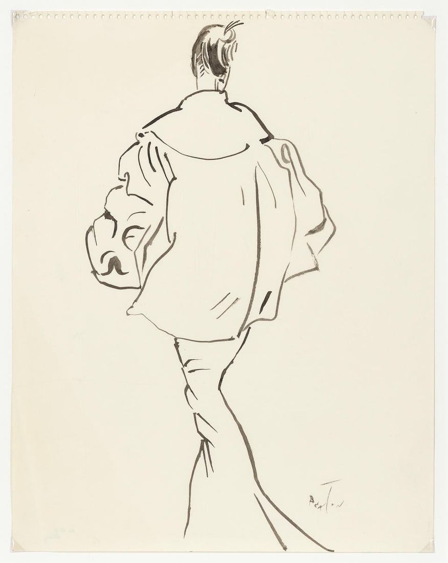 Cecil Beaton (British, 1904-1980) A costume design of a lady from behind, probably for the New Y...: Cecil Beaton (British, 1904-1980) A costume design of a lady from behind, probably for the New York Stage version of My Fair Lady, circa 1956 signed 'BEATON' (lower right) pen and ink 35 x 27.5cm (13
