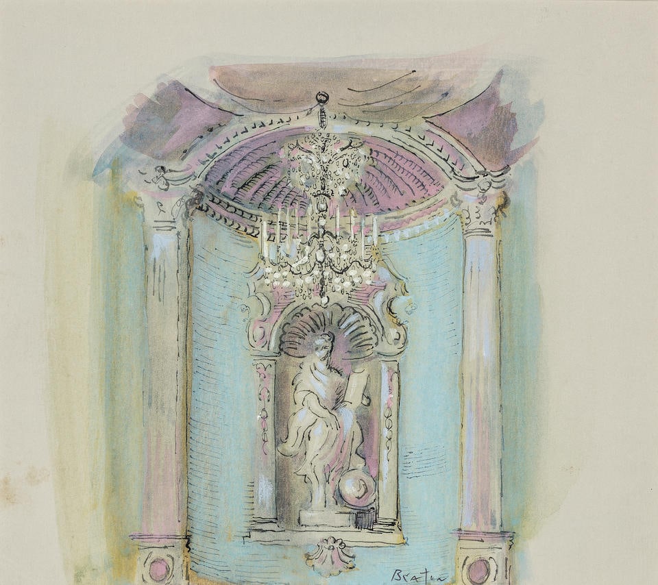 Cecil Beaton (British, 1904-1980) A design detail for the School for Scandal set at the Comé...: Cecil Beaton (British, 1904-1980) A design detail for the School for Scandal set at the Comédie-Française, Paris, 1962 signed 'Beaton' (lower right) gouache, watercolour, pen and ink, and ch