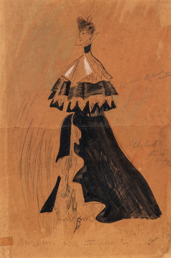 Cecil Beaton (British, 1904-1980) A costume design for Isabel Jeans as 'Mrs Erlynne' in Lady Win...: Cecil Beaton (British, 1904-1980) A costume design for Isabel Jeans as 'Mrs Erlynne' in Lady Windermere's Fan, 1945-1946 signed and titled 'BEATON/MRS ERLYNNE ACT III LADY WINDEREMERE'S FAN' (lower ed