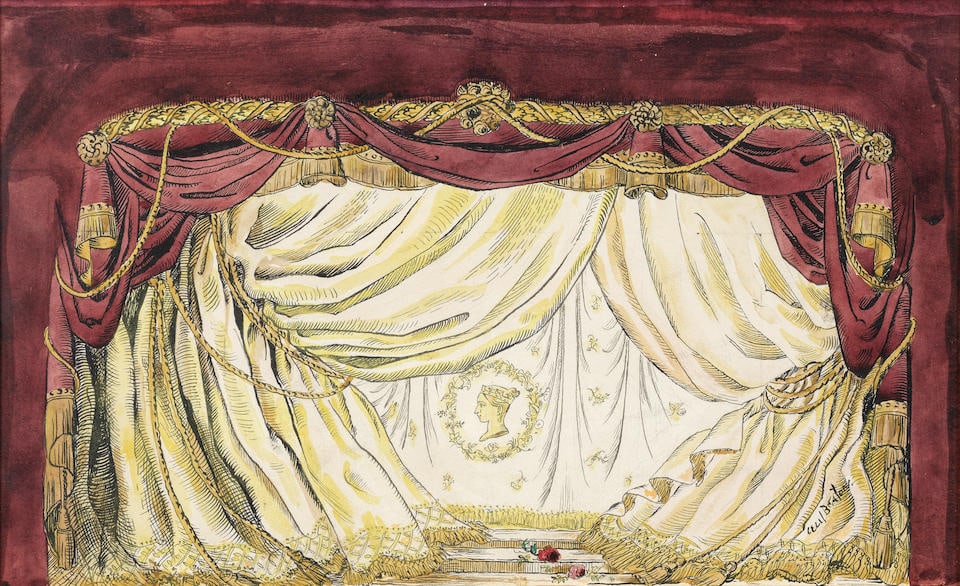 Cecil Beaton (British, 1904-1980) A set design for Front Cloth and Gauze with Medallion of Queen...: Cecil Beaton (British, 1904-1980) A set design for Front Cloth and Gauze with Medallion of Queen Victoria, circa 1930s signed 'Cecil Beaton' (lower right) watercolour and pen and ink 24.75 x 41.5cm (9