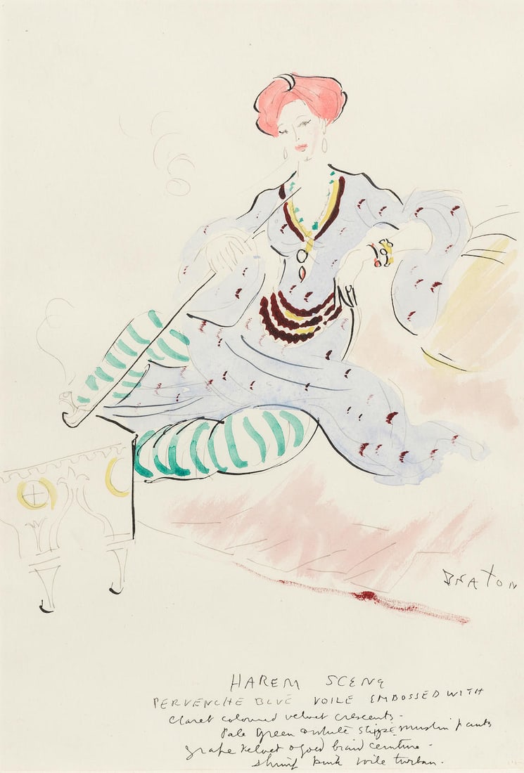 Cecil Beaton (British, 1904-1980) A costume design for the 'Harem Scene' in The Truth About Wome...: Cecil Beaton (British, 1904-1980) A costume design for the 'Harem Scene' in The Truth About Women, circa 1956 signed 'BEATON' (lower right), and variously inscribed with artist's annotations watercolo