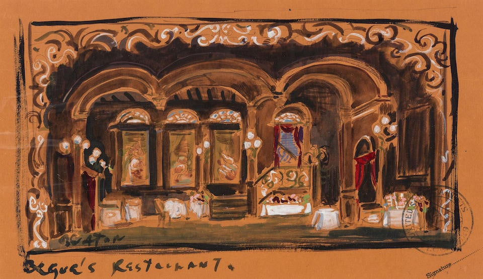 Cecil Beaton (British, 1904-1980) A set design for the interior of a restaurant: Cecil Beaton (British, 1904-1980) A set design for the interior of a restaurant signed and titled 'BEATON/Begua's Restaurant.' (lower left); with 'United Scenic Artists Local USA 829' ink-stamp (lower