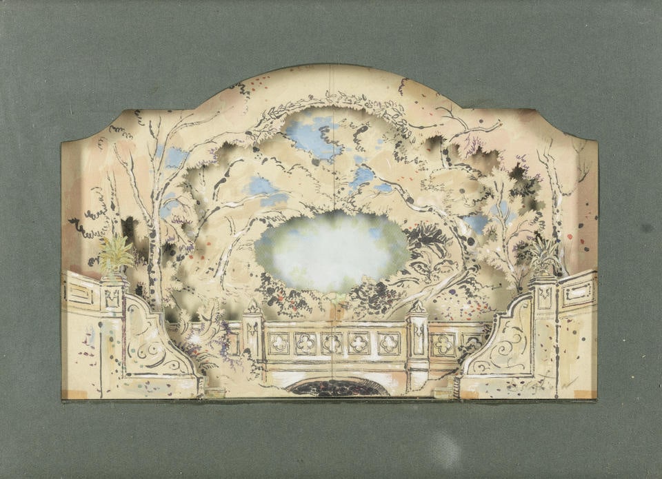 Cecil Beaton (British, 1904-1980) A set design model of a bridge in a landscape: Cecil Beaton (British, 1904-1980) A set design model of a bridge in a landscape signed 'BEATON' (lower right) gouache, watercolour, pen and ink, and pencil, in four cut-out layers 28 x 45cm (11 x 17 1