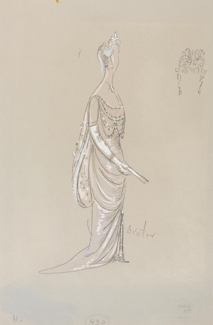 Cecil Beaton (British, 1904-1980) A costume design for My Fair Lady, 1963, probably for Helen Al...: Cecil Beaton (British, 1904-1980) A costume design for My Fair Lady, 1963, probably for Helen Albrecht signed 'BEATON' and inscribed 'Helen' (lower right), further inscribed 'My Fair Lady' (verso) gou