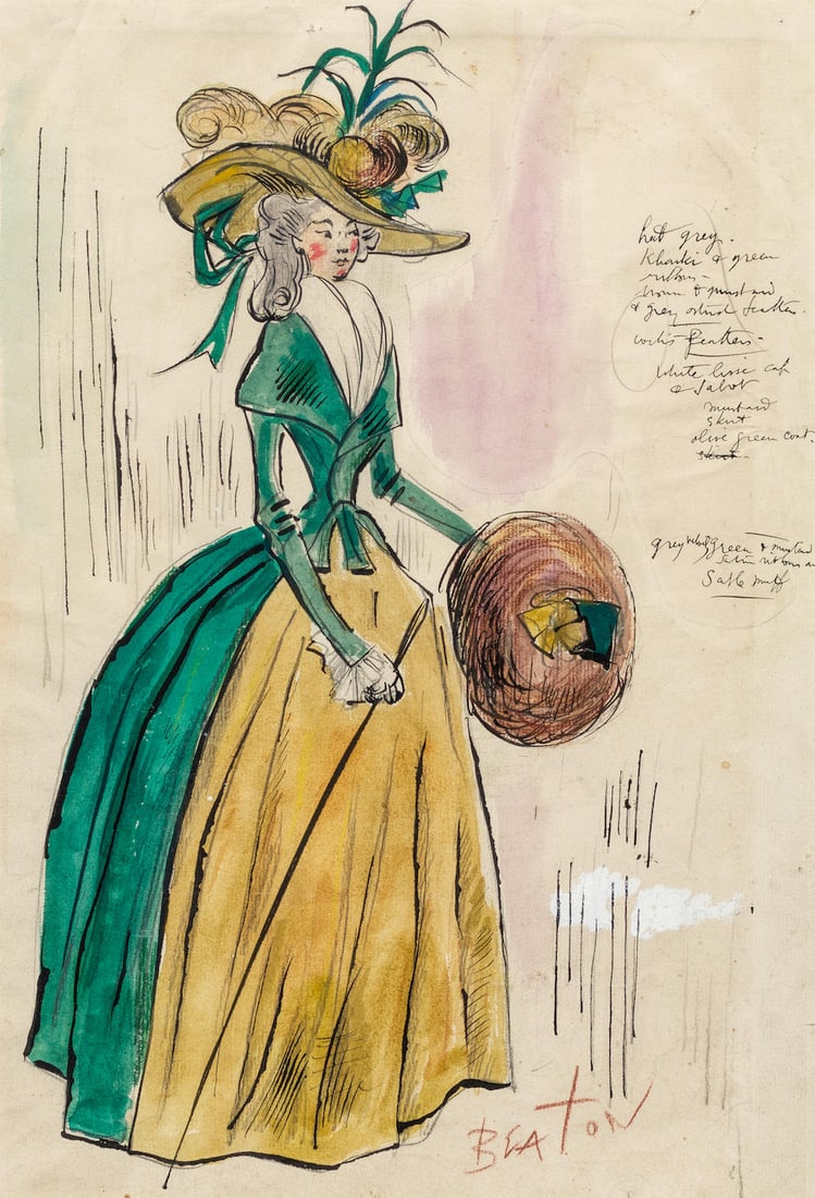 Cecil Beaton (British, 1904-1980) A costume design for Eileen Beldon as 'Mrs Candour' in The Sch...: Cecil Beaton (British, 1904-1980) A costume design for Eileen Beldon as 'Mrs Candour' in The School for Scandal, 1949 signed 'BEATON' (lower right) and inscribed with artist's annotations (upper left)